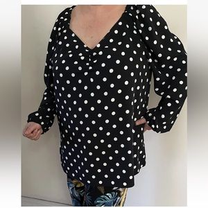 Marina Rinaldi Size 16 Black Polkadot V-Neck Blouse NEW WITH TAGS
